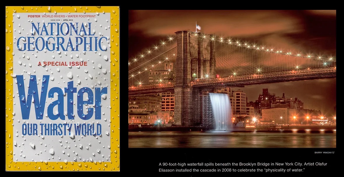 A two-page National Geographic spread showing Olafur Eliasson's waterfall art installation at night