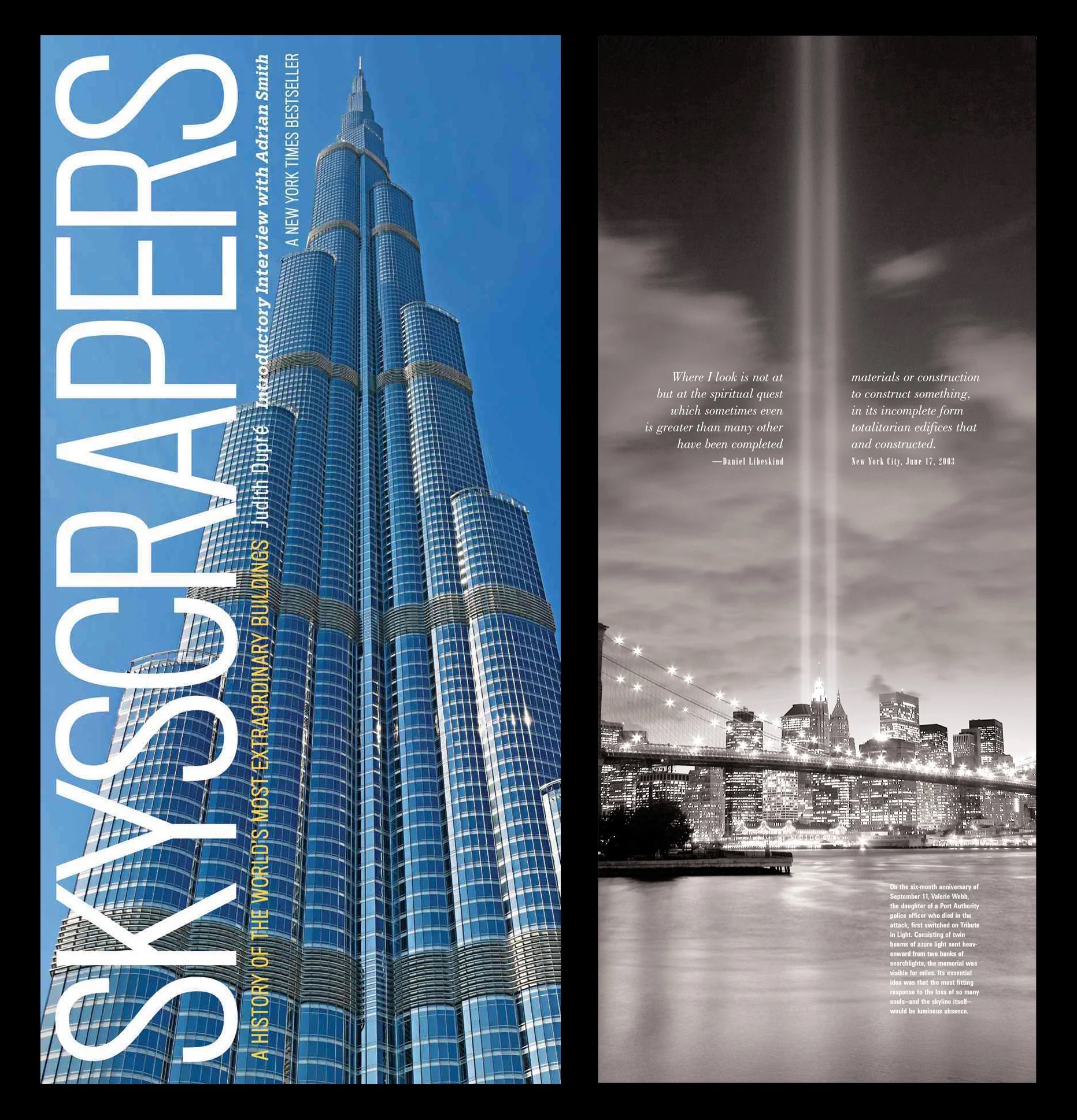 A full-page photograph of the 9/11 Tribute in Light in the book Skyscrapers